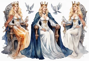 a 40-year-old medieval queen with blonde hair wearing a white fur cloak sitting on a throne with a dove on her shoulder tattoo idea