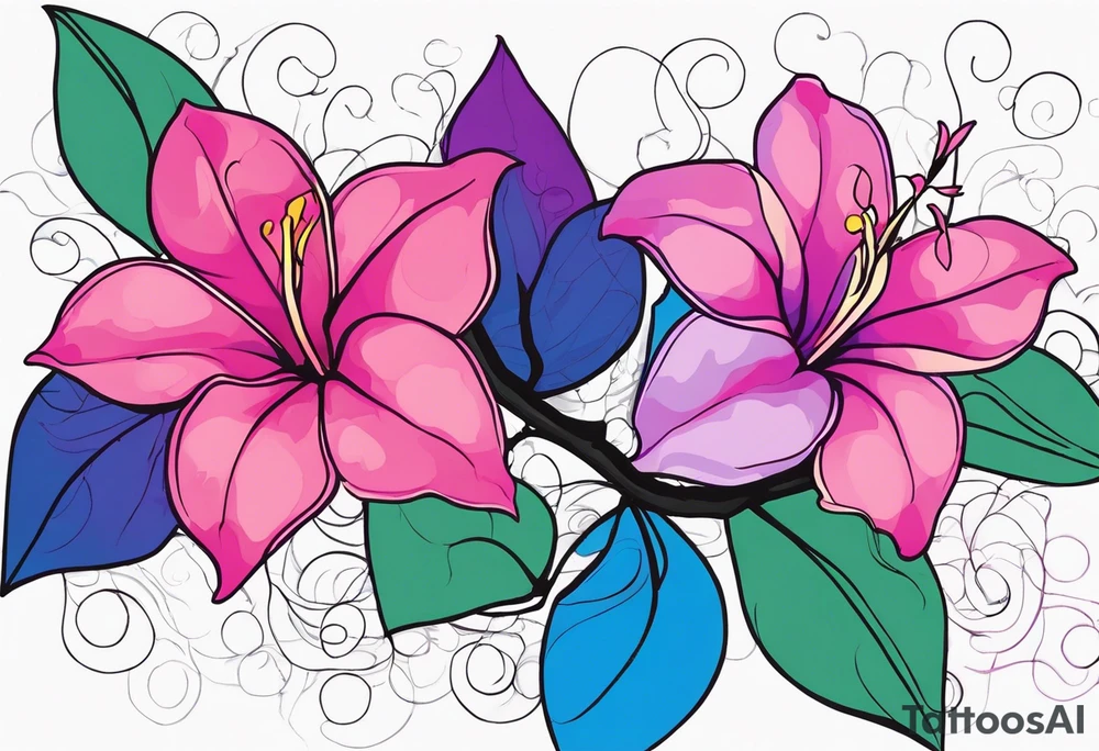 abstract pink, purple, and blue mandevilla flowers on a vine, with color leaking out into the background. SOme of the flowers should be full color, and some just linework. It should have a handdrawn, sketch feel. tattoo idea