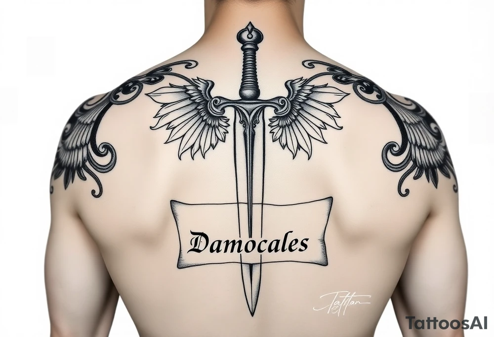Please generate Polynesian style tattoos for me on my entire back according to my qualities and faults. 
My qualities are authenticity, constructive reflection after failure and balance in relationships.
My faults are emotional dependence on financial security, emotional flight and procrastination linked to uncertainty.
The sword should cover my back from top to bottom, passing over my spine with great relief and detail, surrounded by a parchment written in fine italic letters “Sword of Damocles”. tattoo idea