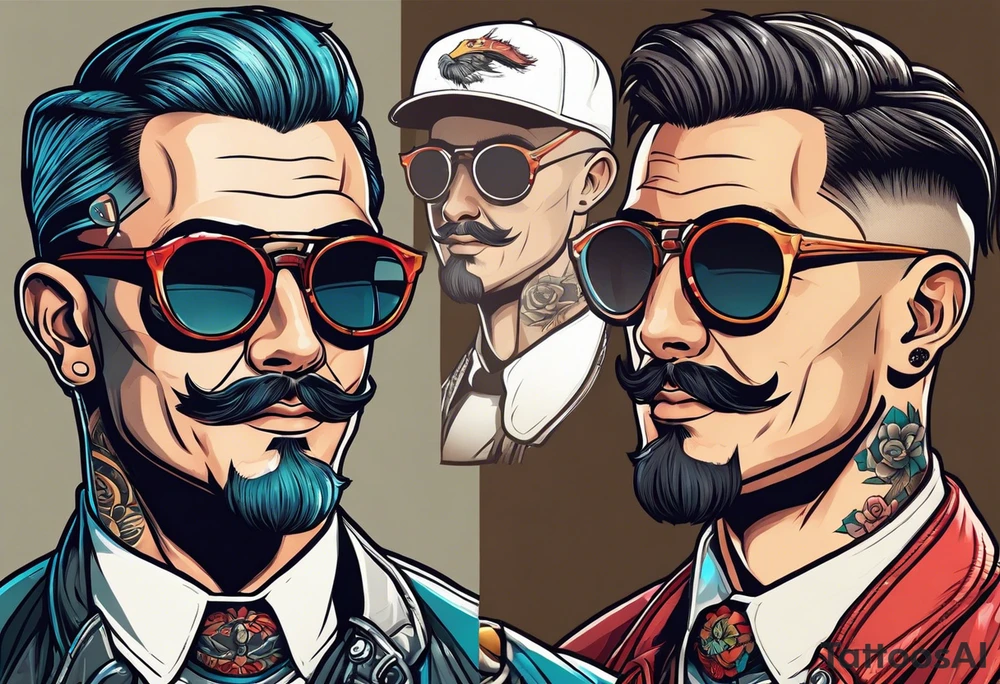 Male, slim oval face, sunken eyed, Short mustache, tools, ray-bans, no hair on sides and pony-tail on top, mechanic tattoo idea