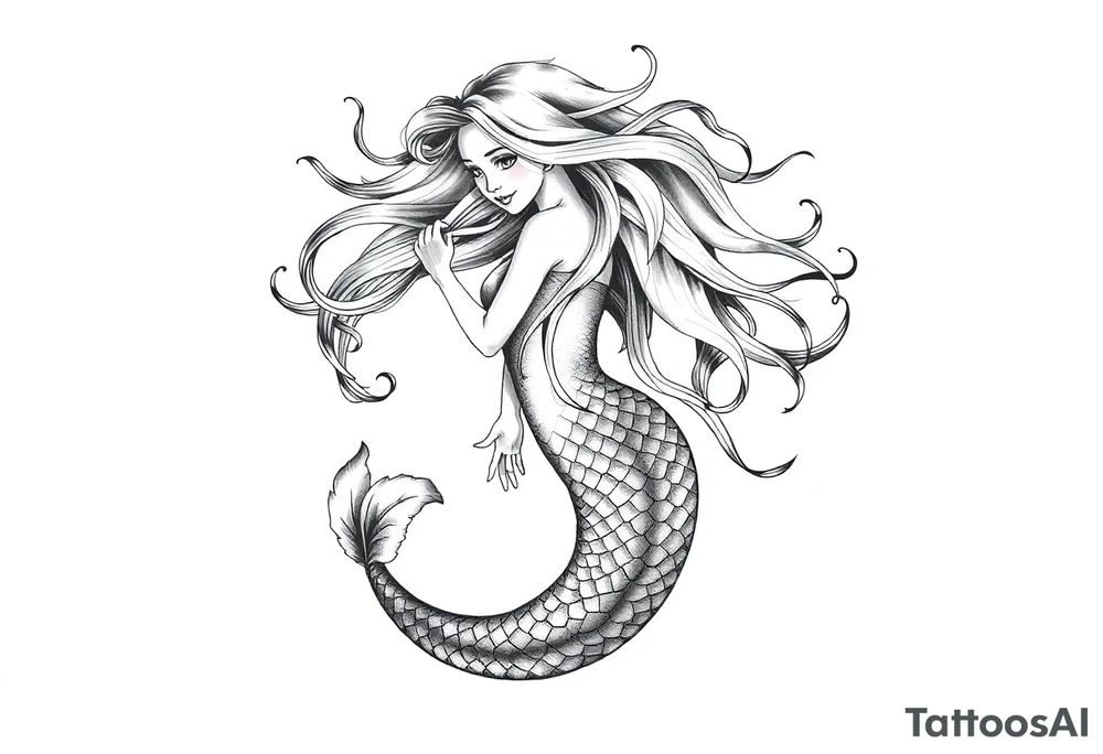 mermaid with flowing hair tattoo idea