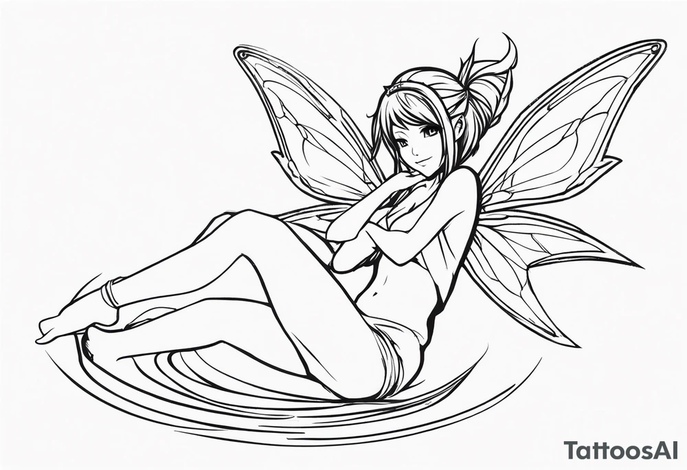 No color sketch of a fairy with a tail inspired by the guild symbol in the anime show called Fairy Tail in a fetal position leaning forward while crawled in and her body is an angle while floating in the air with big wings tattoo idea