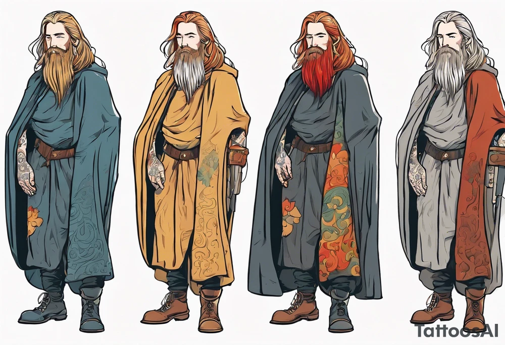 A tall, beautiful Swedish man with long multi-color hair and beard. Wearing a medieval cloak and boots. tattoo idea
