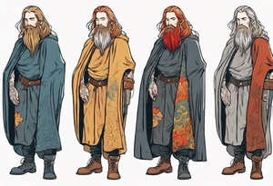 A tall, beautiful Swedish man with long multi-color hair and beard. Wearing a medieval cloak and boots. tattoo idea