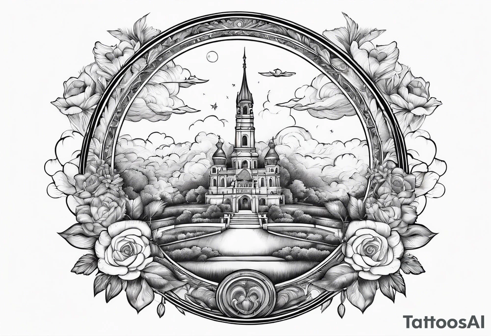 heaven town with tower
in circle vignette surrounded by clouds flowers tattoo idea