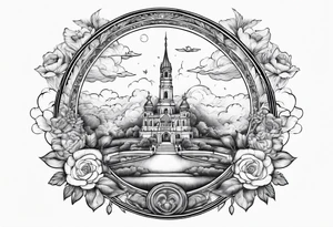 heaven town with tower
 in circle vignette surrounded by clouds flowers tattoo idea