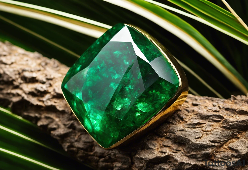 Tattoo: A striking Gachala emerald sits at the base of a tall quindio wax palm, which grows resiliently from cracks in rugged, rocky soil. The emerald is the main focal point, symbolizing strength and endurance, while the wax palm, rooted in the soil’s crevices, represents growth and resilience. A small water stream flows gently from the rocks, adding an element of life and nourishment tattoo idea