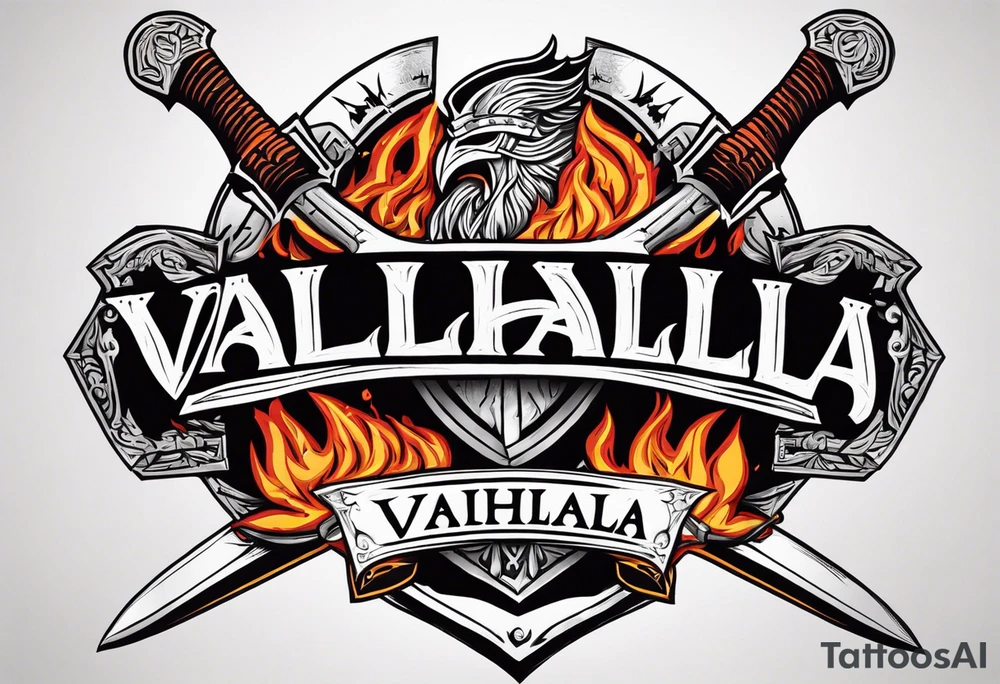 valhalla on fire sword shield axe warrior tattoo idea