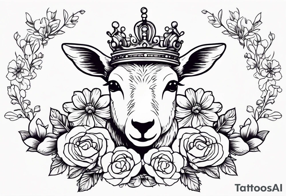 old school vintage traditional style design of lamb with crown on head and vintage flowers surrounding it tattoo idea