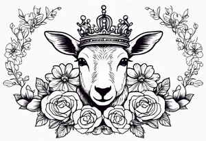 old school vintage traditional style design of lamb with crown on head and vintage flowers surrounding it tattoo idea