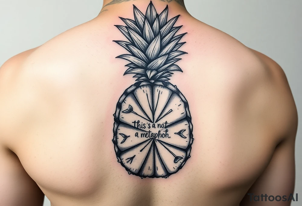 "Pineapple cross-section tattoo: slices are receipts with 'This is not a metaphor'. Black ink, surrealism." tattoo idea