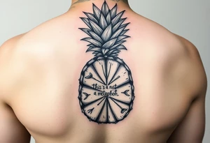 "Pineapple cross-section tattoo: slices are receipts with 'This is not a metaphor'. Black ink, surrealism." tattoo idea