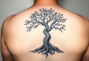 Bonsai weeping Cherry blossom tree of life with loved ones names in the roots and branches tattoo idea