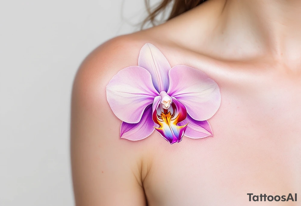 A delicate orchid tattoo featuring soft gradient petals in shades of violet, blush pink, and creamy white, with a vibrant magenta center and emerald green leaves, elegantly curved along the collarbone or spine for a graceful, feminine effect. tattoo idea