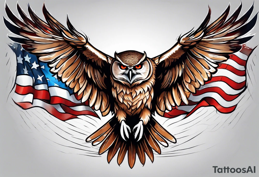 angry owl swooping down with talons holding an american flag tattoo idea