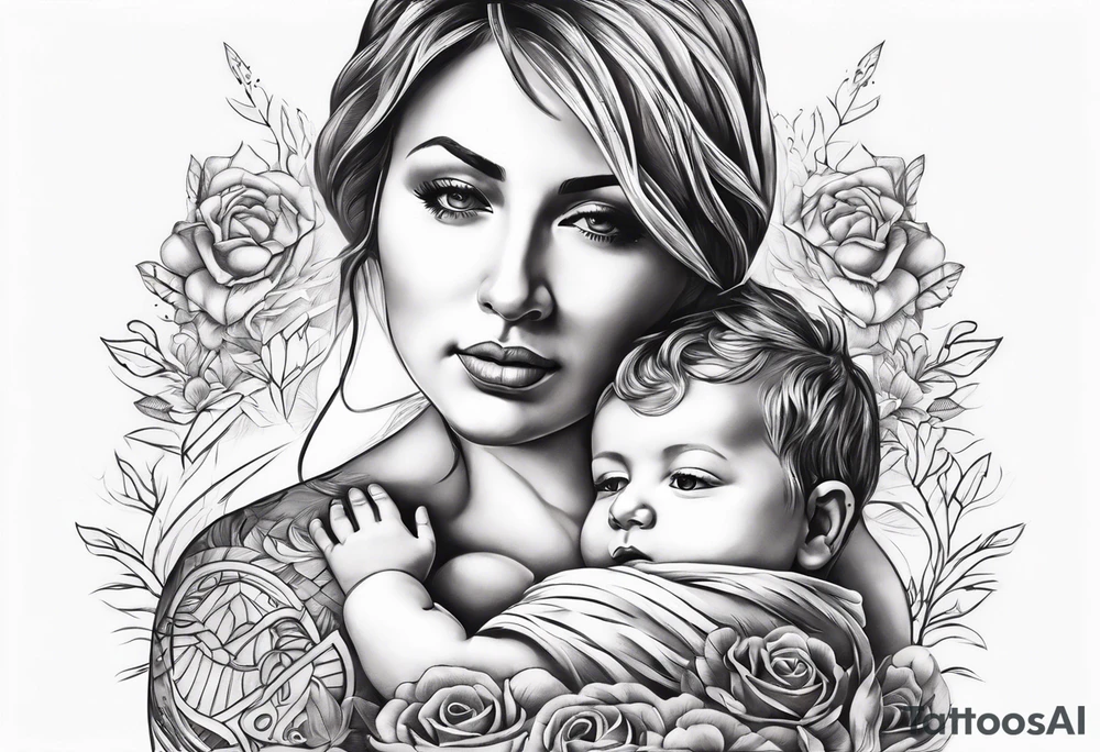 chest tattoo : 
mom and baby son statue tattoo idea