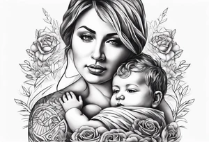 chest tattoo : 
mom and baby son statue tattoo idea