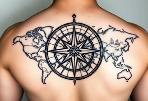 antique compass rose overlaid on weathered world map with sailing ships tattoo idea