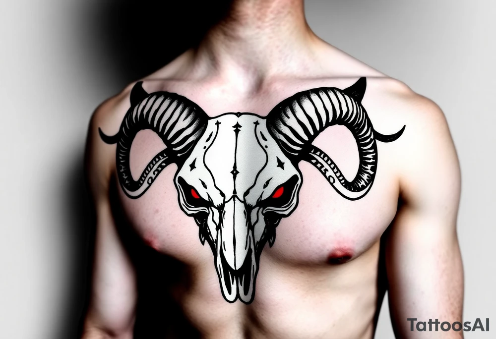 Evil Abstract looking taurus skull chest tattoo with red eyes tattoo idea