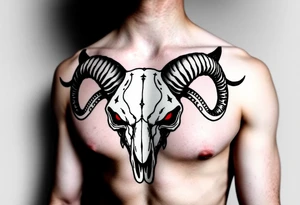 Evil Abstract looking taurus skull chest tattoo with red eyes tattoo idea