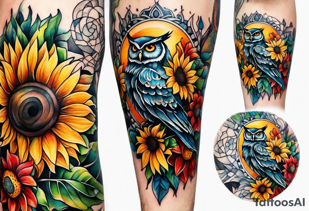 Leg sleeve with colorful sunflowers and an owl tattoo idea