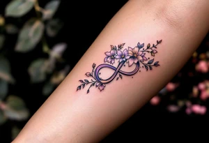 Floral infinity sign incorporating "Sofie – 8.6.2021 v 11:20" in lavender and soft beige. tattoo idea