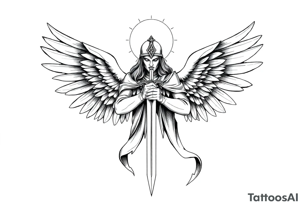 Holy Archangel, Biblical, Christianity, Guards of Christianity, Holding a sword, has six wings, wearing helmet, halo, seraphim tattoo idea