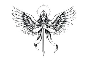 Holy Archangel, Biblical, Christianity, Guards of Christianity, Holding a sword, has six wings, wearing helmet, halo, seraphim tattoo idea