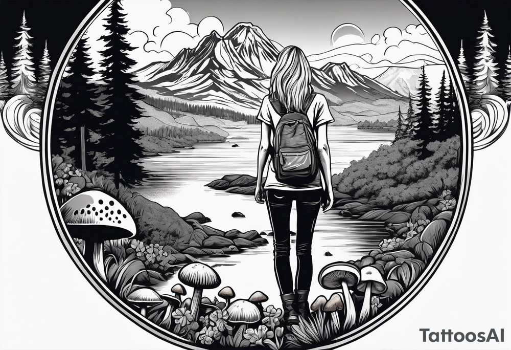 Whole picture encircled fully

Straight long blonde hair hippie girl in distance holding mushrooms in hand facing away toward mountains and creek surrounded by mushrooms tee shirt and hiking pants; whole rendering within a full circle, no cut off circle tattoo idea