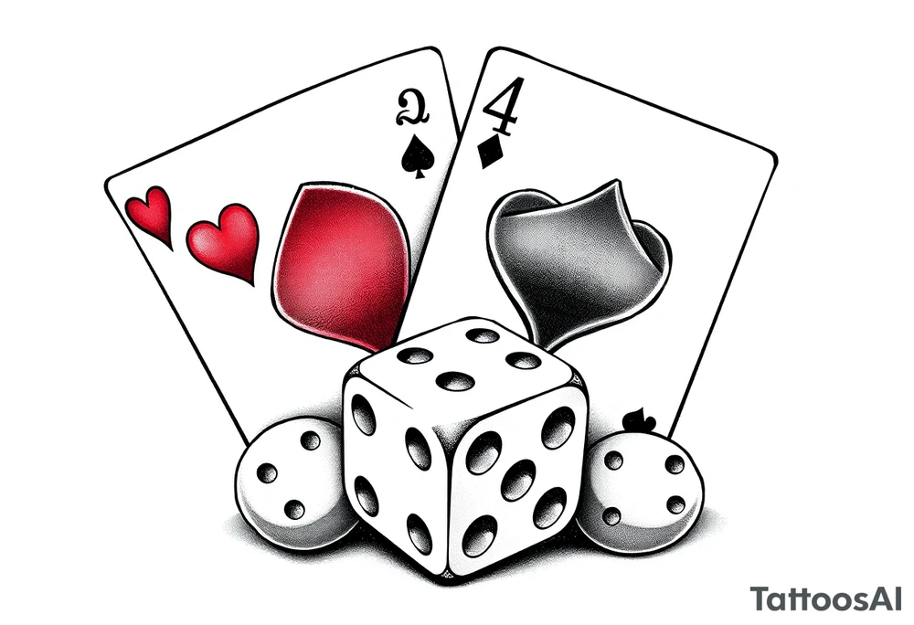 2 of hearts and 4 of hearts playing cards on top of a dice tattoo idea
