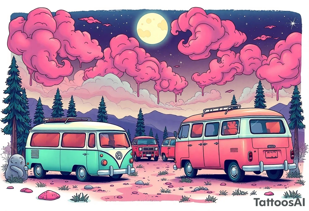 Tim Burton’s hippie commune outside view has lots of cute pastel volkswagon vans and cars  and dripping with muted reds, dusty pinks, and eerie green glow purple and cyan smokey clouds swirl and dance in the moonlit night sky filled with twinkling stars  tattoo idea tattoo idea