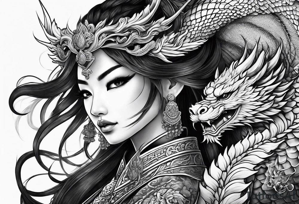 female warrior in thai clothing with twin dragons tattoo idea