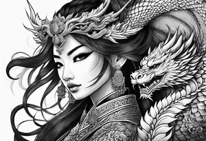 female warrior in thai clothing with twin dragons tattoo idea