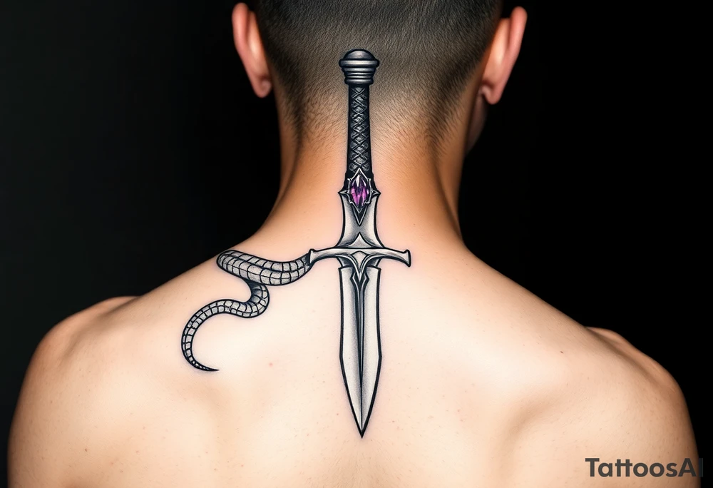 mystical snake coiled around an ancient dagger with jeweled hilt tattoo idea