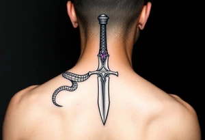 mystical snake coiled around an ancient dagger with jeweled hilt tattoo idea