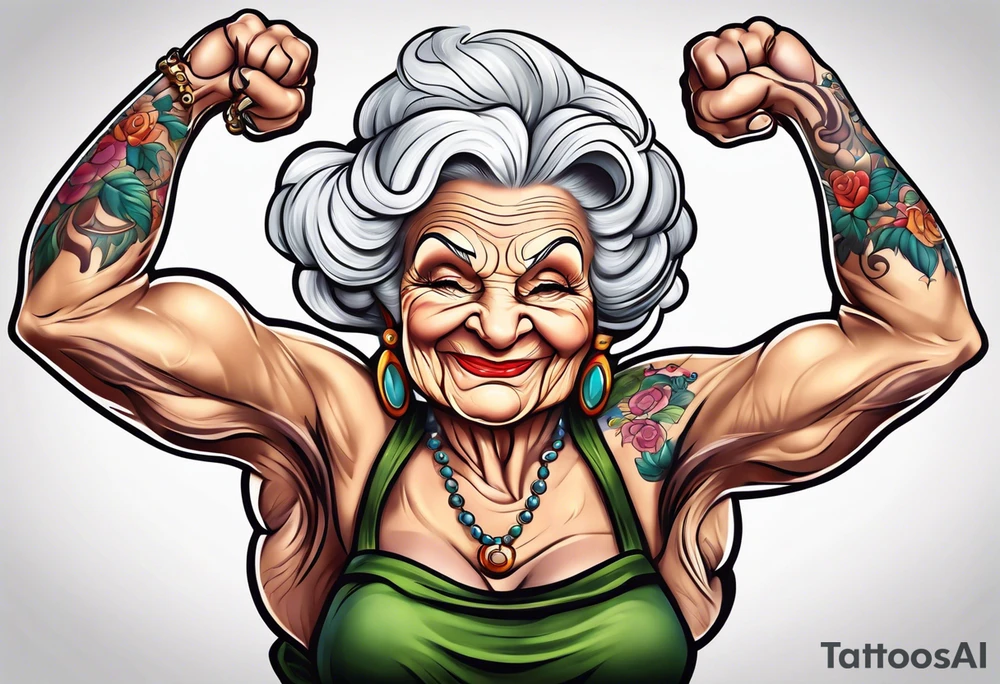 Muscular old lady showing off muscles. tattoo idea