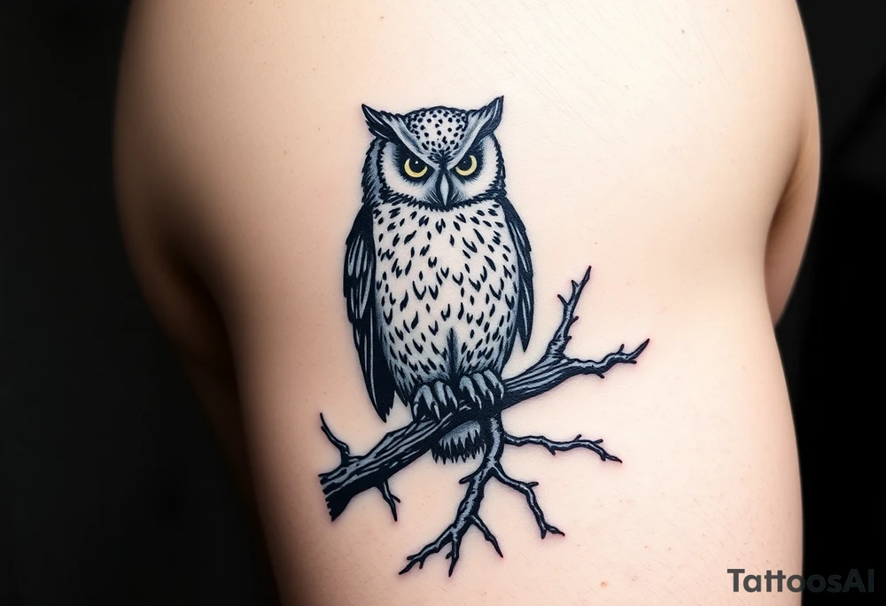 wise owl perched on ancient oak branch under starlit sky tattoo idea