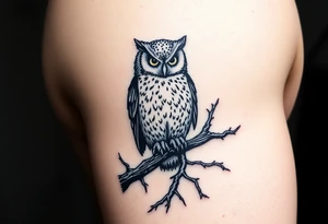 wise owl perched on ancient oak branch under starlit sky tattoo idea