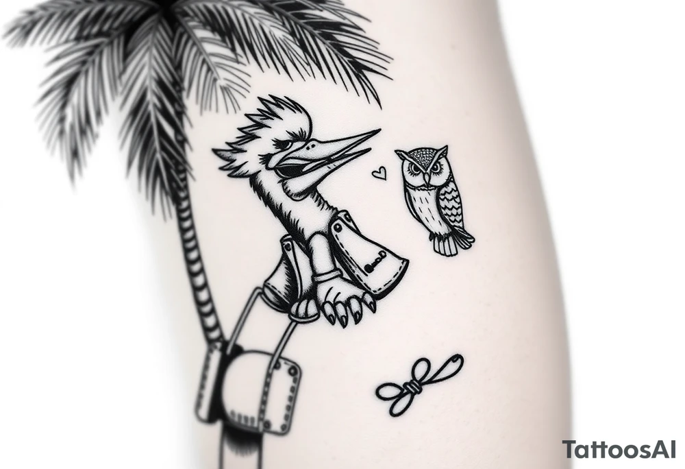 Woody the woodpecker wearing a leather vest that says peckerwoods, on a Harley Davidson under a palm tree, gazing in love at a barn owl tattoo idea