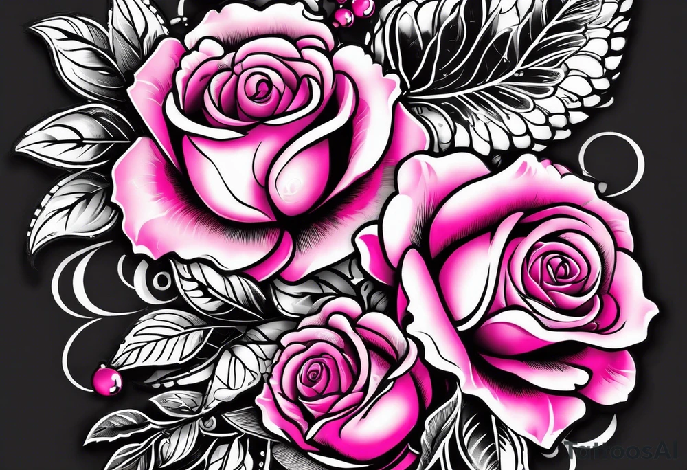 Floral leg piece with beading and lace tattoo idea. pink.hot pink, old school style roses, monochromatic pinks, old school flowers tattoo idea