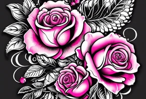 Floral leg piece with beading and lace tattoo idea. pink.hot pink, old school style roses, monochromatic pinks, old school flowers tattoo idea