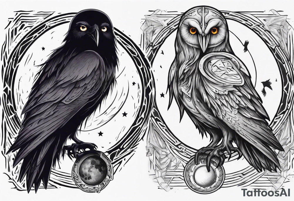 Raven on the left. Owl on the right. Mystic. Dark Demonic Energy. The Moon. tattoo idea