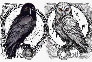 Raven on the left. Owl on the right. Mystic. Dark Demonic Energy. The Moon. tattoo idea