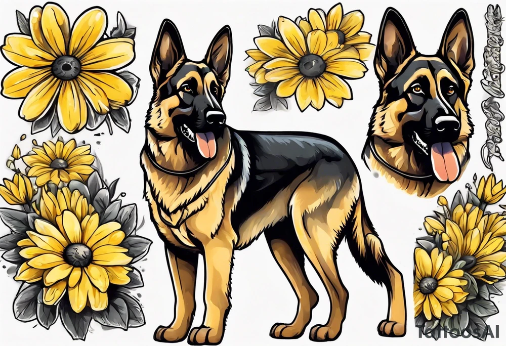 German shepherd portrait surrounded by yellow daisies tattoo idea