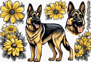 German shepherd portrait surrounded by yellow daisies tattoo idea