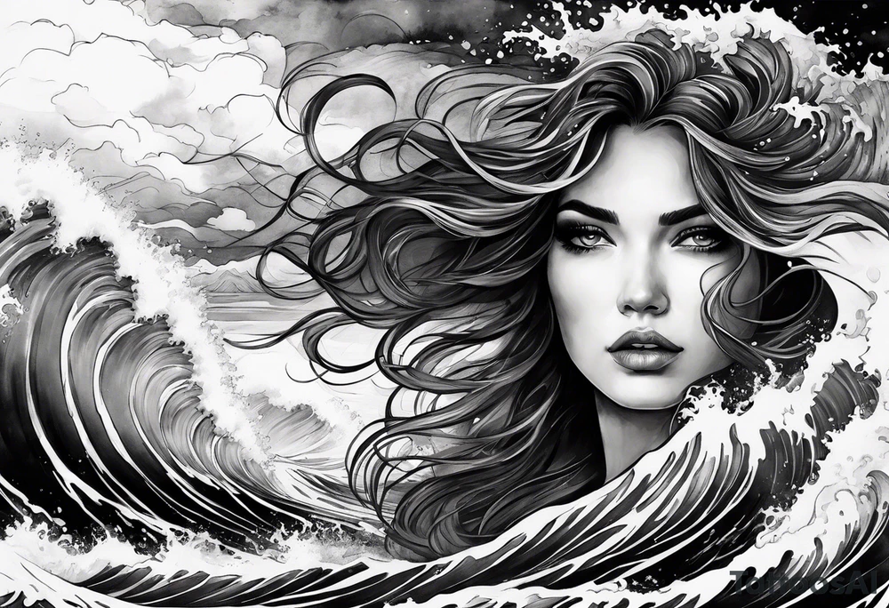 stormy sea waves, full-length woman in the middle of the storm tattoo idea