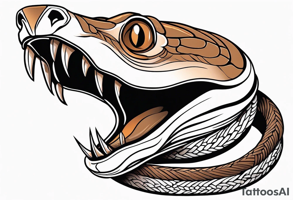 Copperhead coiled up with head turned up and mouth open and copper colored eyes tattoo idea
