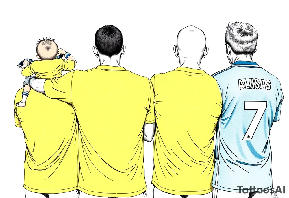 4 soccer fans from their backs, wearing yellow blue shirts. the second one from left having a kid on his shoulders, and he's rising a scarf.
the right one is older and shorter and wearing an Adidas shirt with the number 7 on it tattoo idea