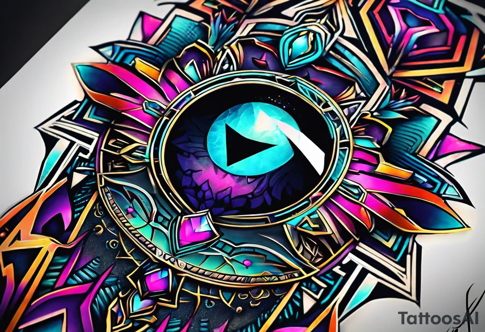A tattoo design featuring geometric patterns and symbols inspired by psytrance and techno music, creating a unique and futuristic look. tattoo idea