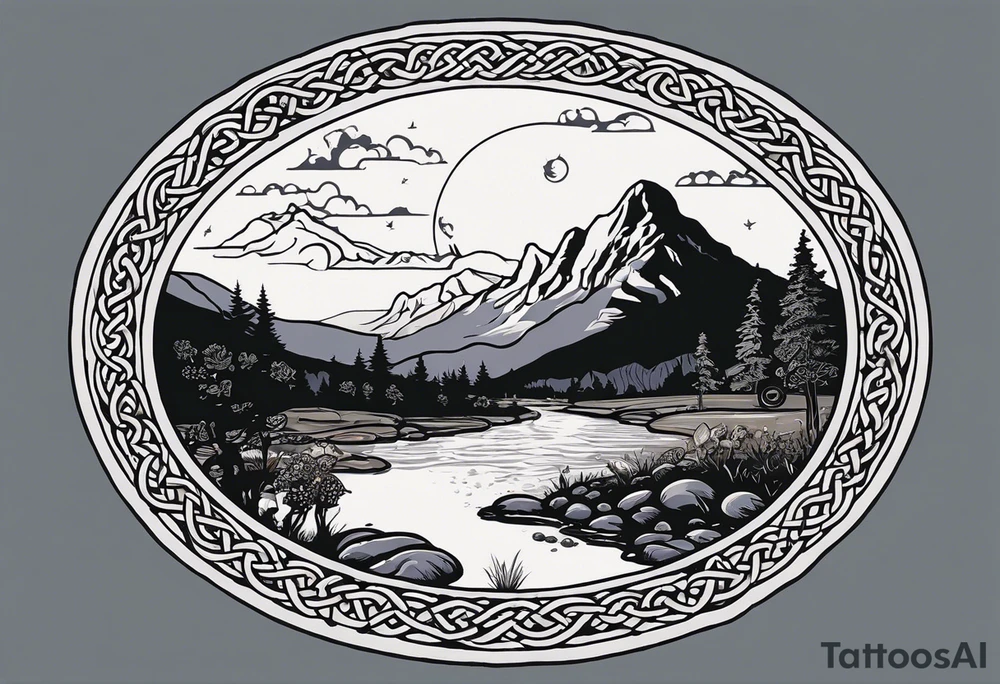 Whole picture encircled fully

Straight long blonde hair celestial girl in distance holding mushrooms in hand facing away toward mountains and creek surrounded by mushrooms long sleeve shirt and hiking pants; whole rendering within a full celtic circle border, no cut off circle

Family with father, mother, soon, 2 daughters foraging tattoo idea